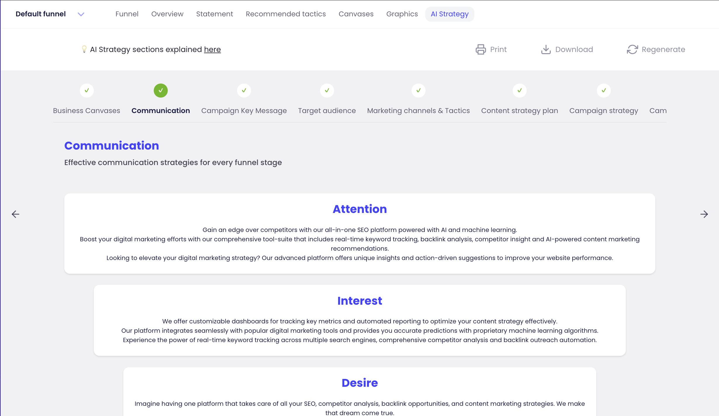 The 'Communications' tab of the AI Strategy, second in the order of content generated for the strategy. Three boxes are shown: Attention, Interest, and Desire. Each has examples of effective communication to use in the given strategy.