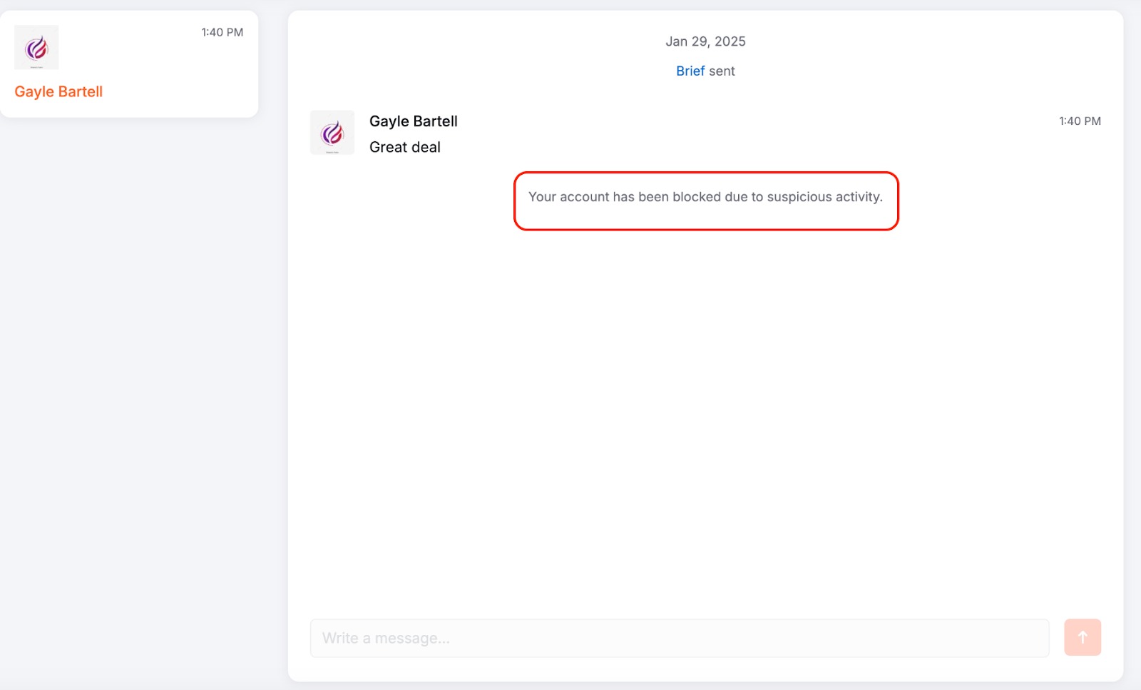 Open chat with a highlighted notification stating that your account has been blocked due to suspicious activity. This is an example of a notification visible to a lead.