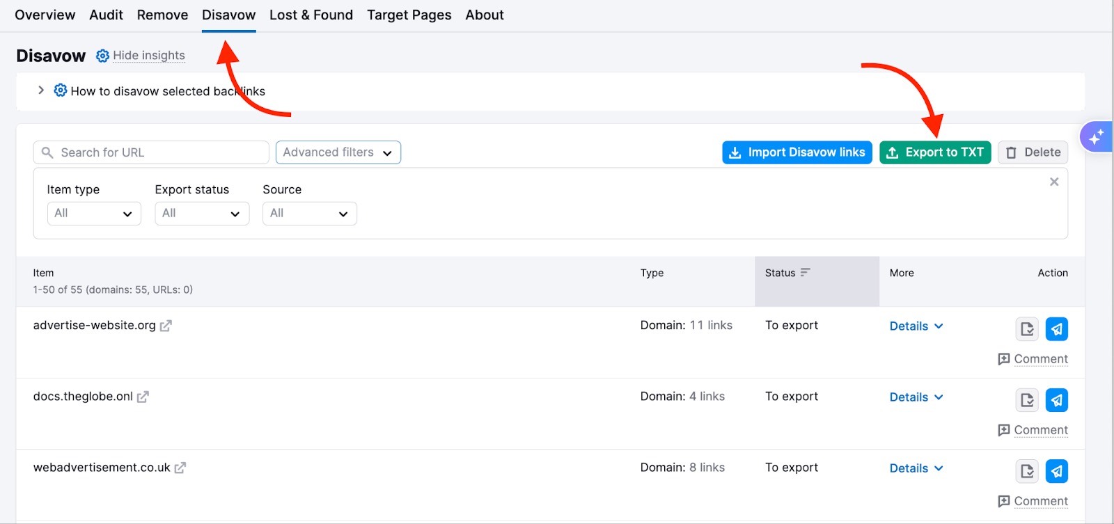 Backlink Audit tool with the Disavow tab open and an arrow pointing to the Export to .txt button.