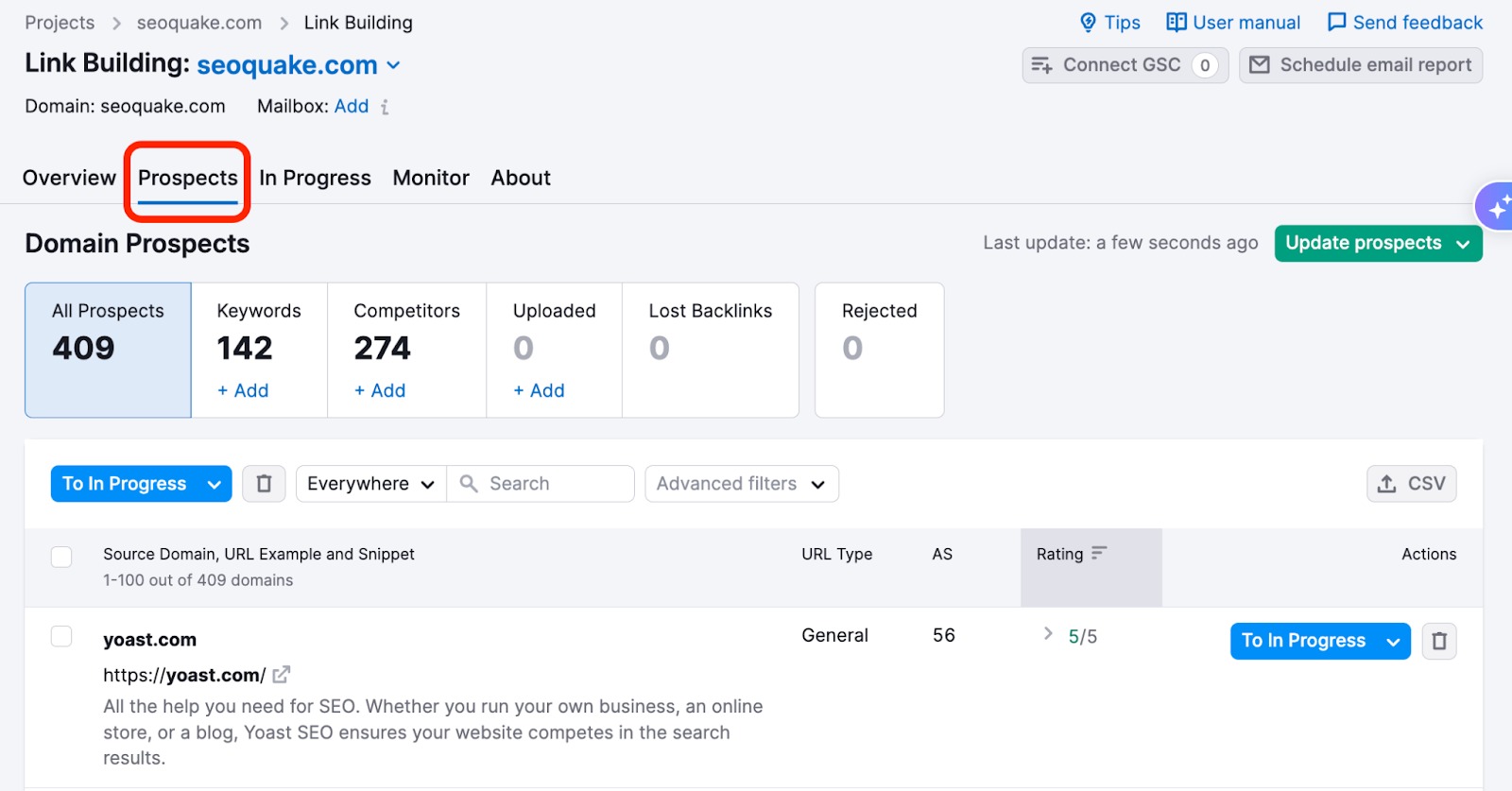 Link Building tool with the Prospects tab open.