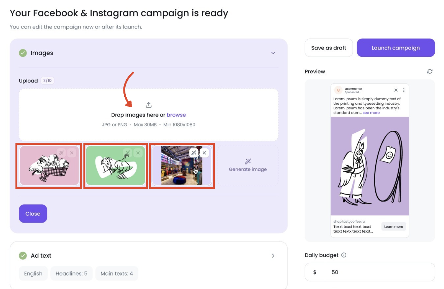 The Ads Launch Assistant Facebook and Instagram campaign setup screen.