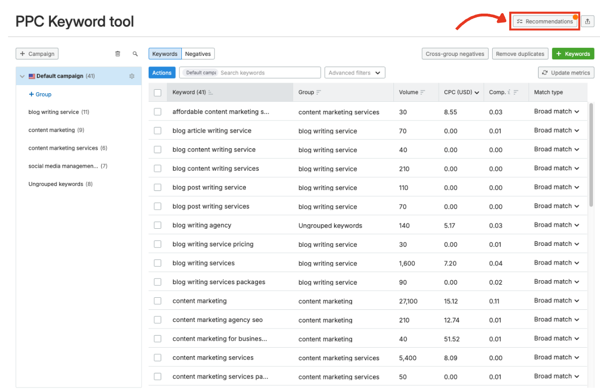 The Recommendations button in the PPC Keyword Tool.