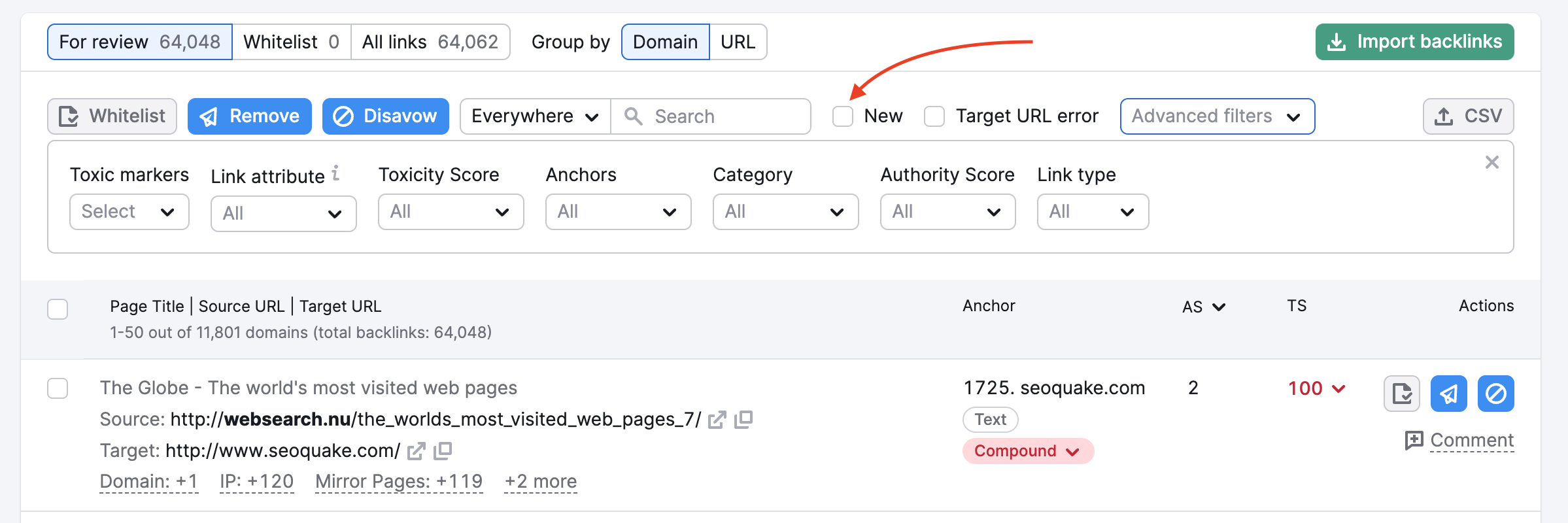 A list of backlinks for review in Backlink Audit. A red arrow is pointing towards the New checkbox in the list of filter on top of the report.
