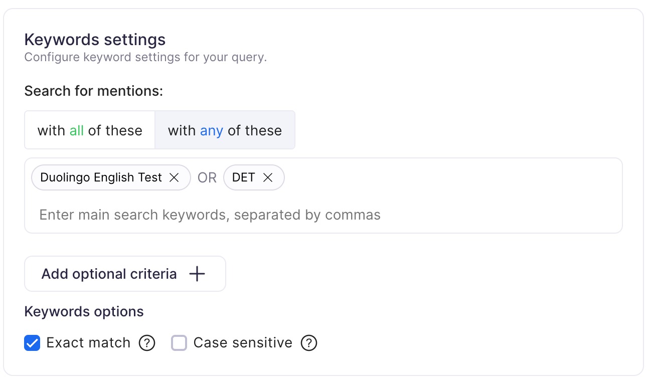 Keyword settings in Brand Monitoring with the logic operator With any of these selected.