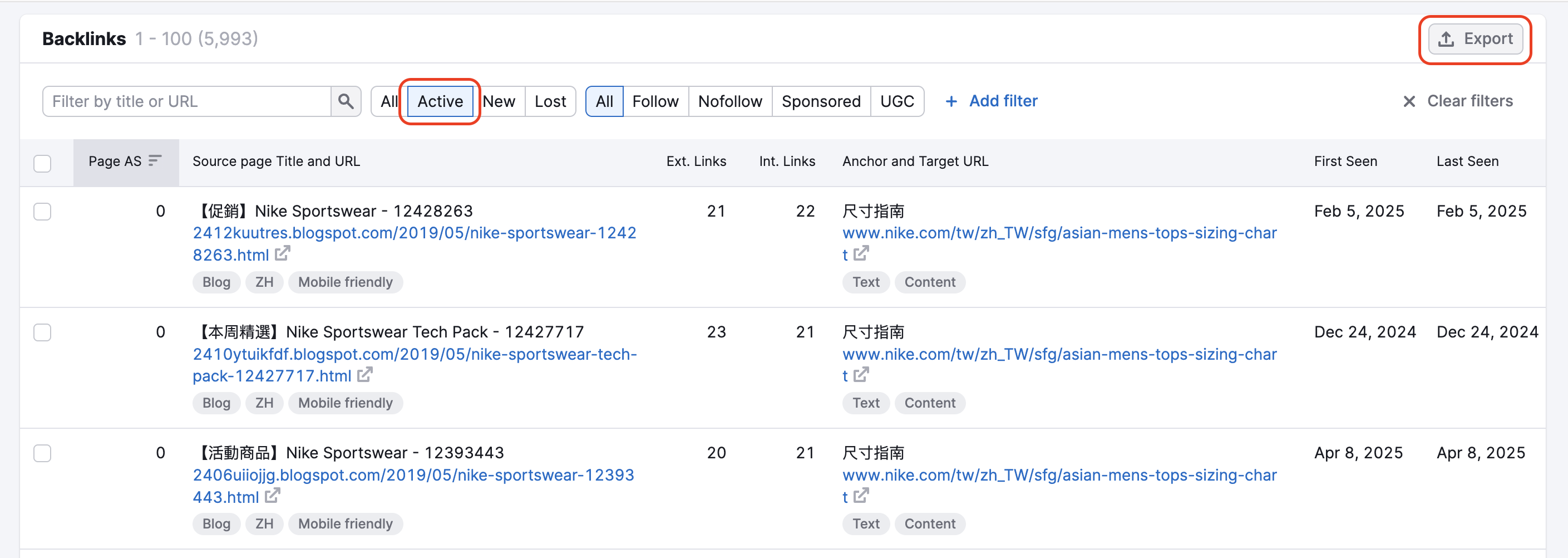 Backlinks report in Backlink Analytics. This report is set to display only active backlinks with this filter being highlighted on top of the report. On the right side, the Export button is highlighted as well.