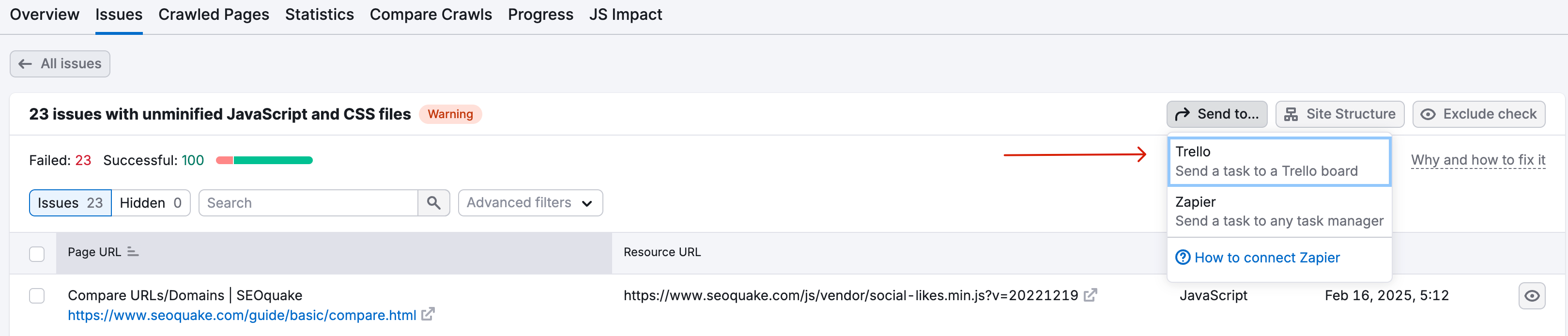 The Send to button is highlighted and expanded, showing options to send an issue to Trello and Zapier.