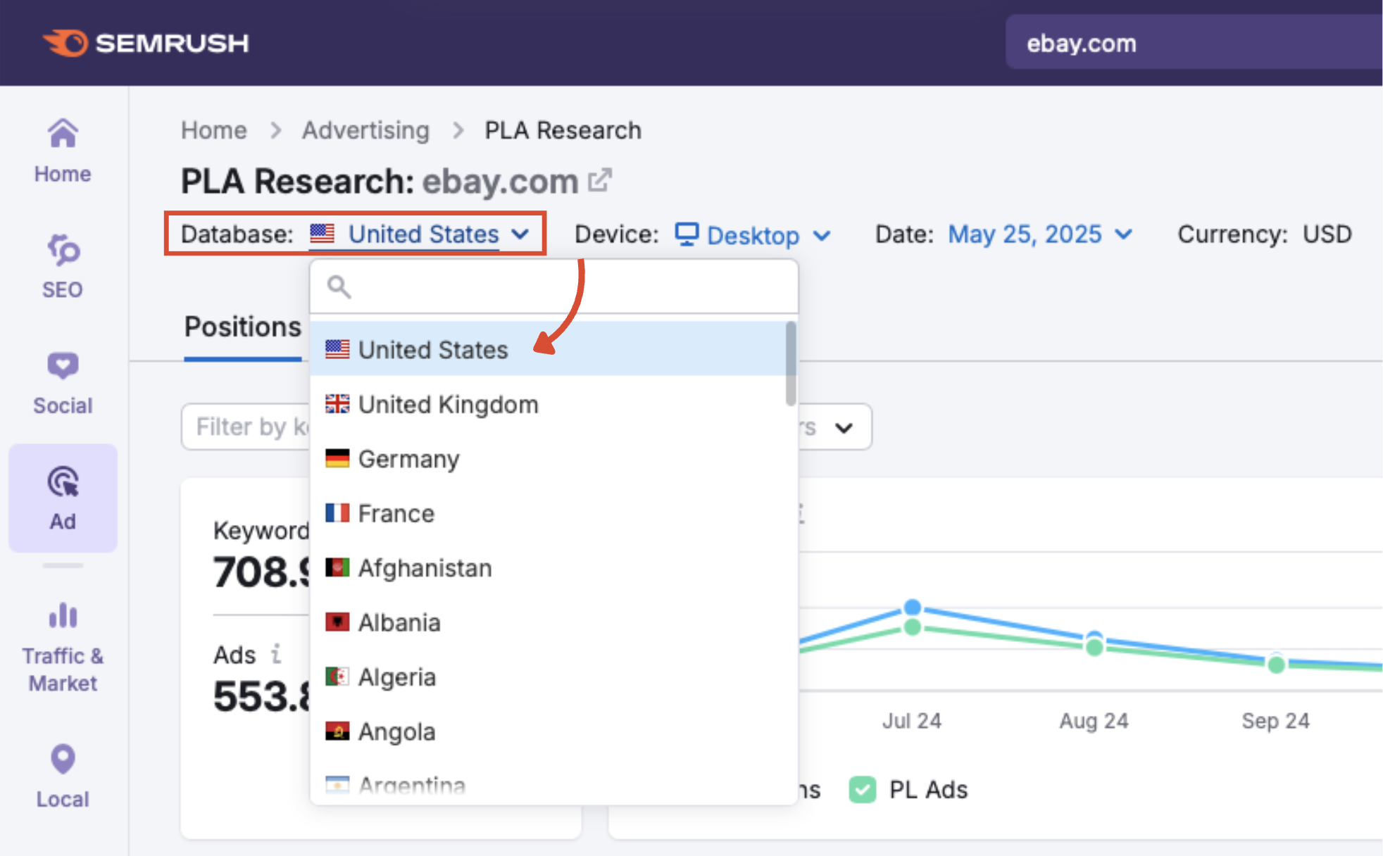 The database menu in PLA Research.