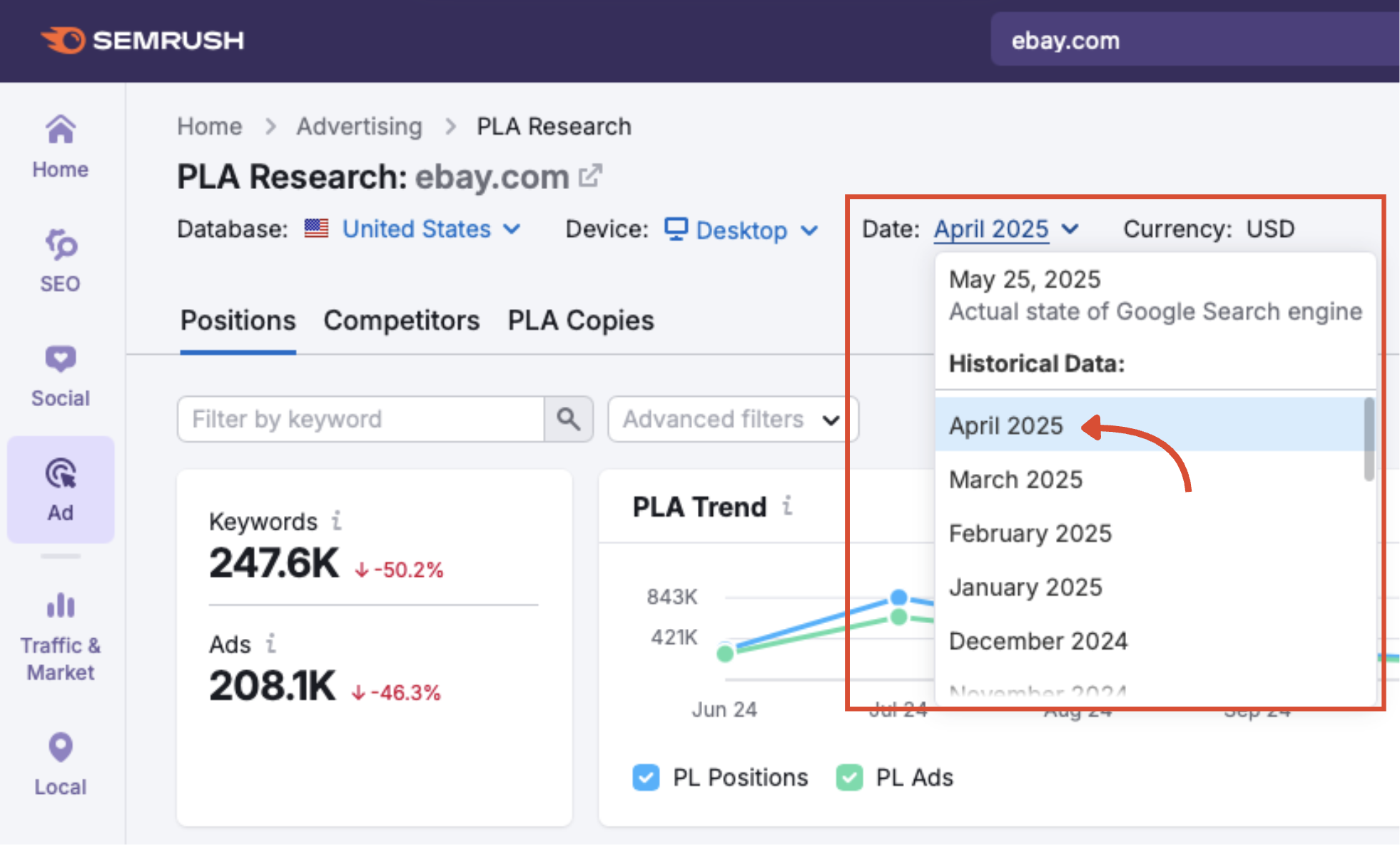 The date selector in PLA Research.