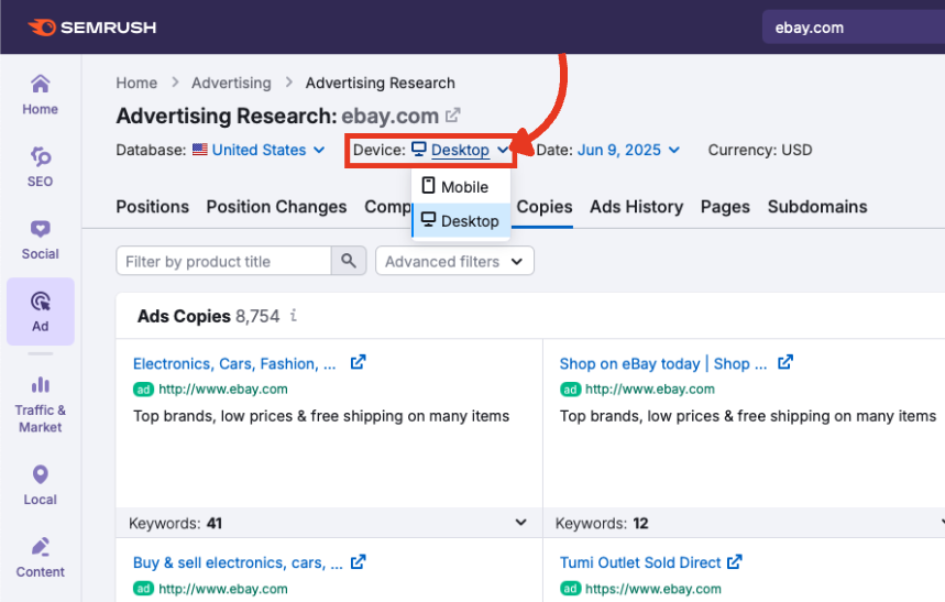 The device menu in the Advertising Research Ads Copies report with desktop selected.