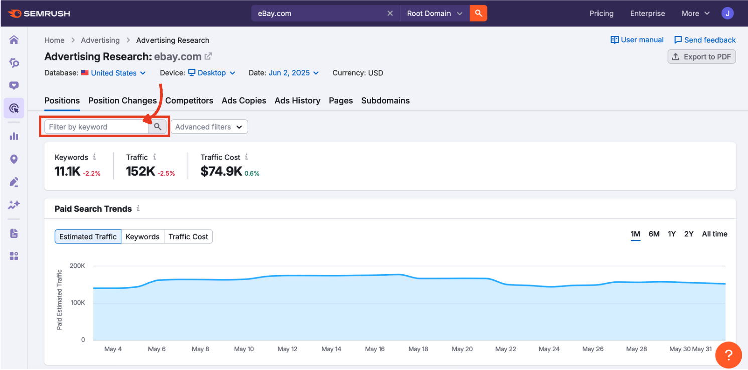 The Advertising Research interface with the filter by keyword search bar highlighted.