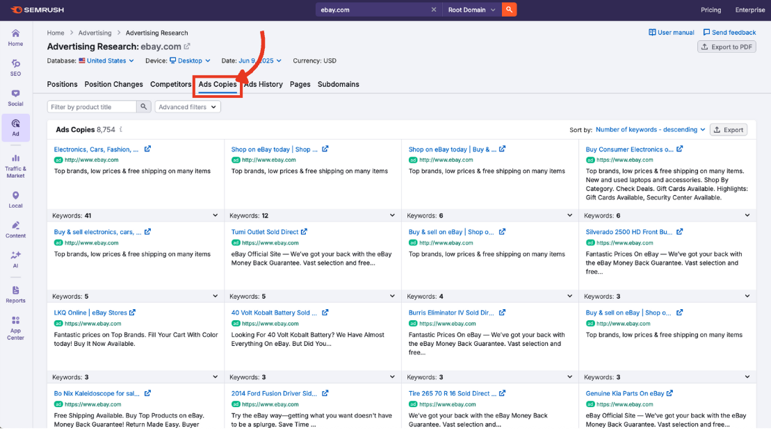 The Advertising Research interface with the Ads Copies tab highlighted.