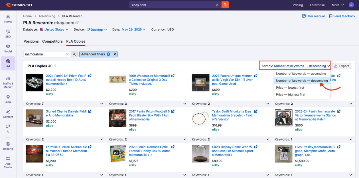 Sort menu open in PLA Copies, with Number of keywords — descending selected.