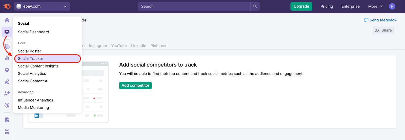 Left-hand menu with the Social Tracker selected.