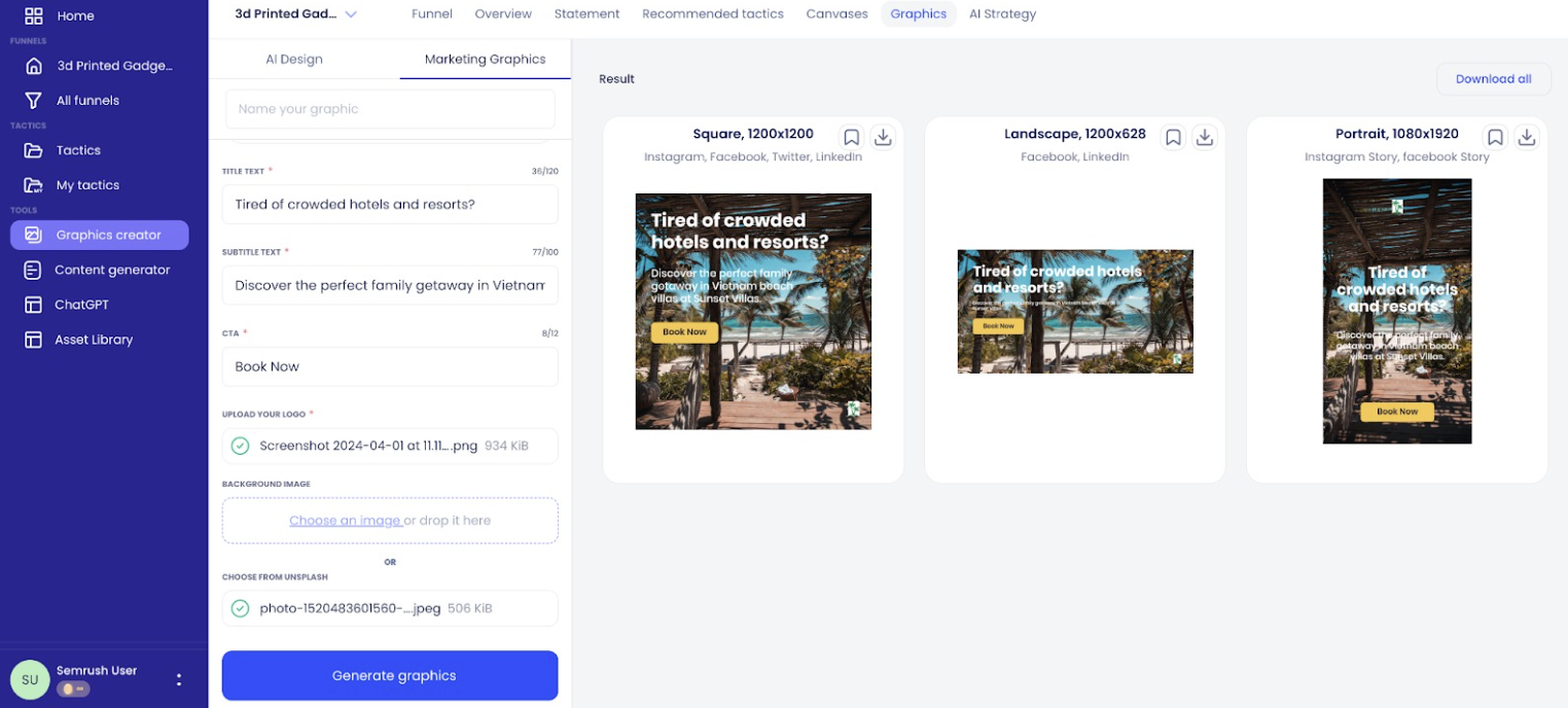 Graphics creator Marketing graphics tab on the AI Marketing Strategy app. The left-hand side has inputs for title text, body text, CTA text, logo and background images. The right-hand side displays generated results.