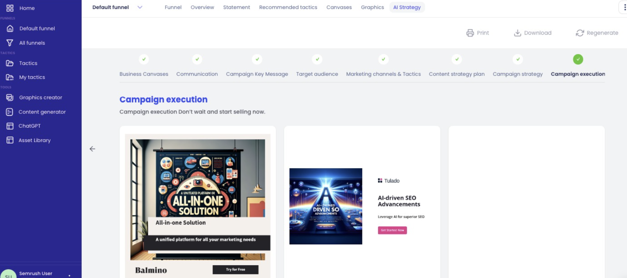 'Campaign execution' is the final tab in the AI Strategy section. The screen shows a range of marketing visuals that can be downloaded and used in campaigns. 