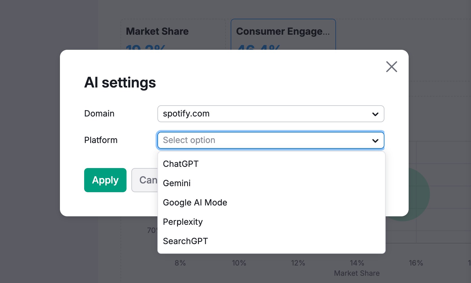 AI settings wizard with the Platform dropdown menu expanded, showing selectable options including ChatGPT, Gemini, Google AI Mode, Perplexity, and SearchGPT. 