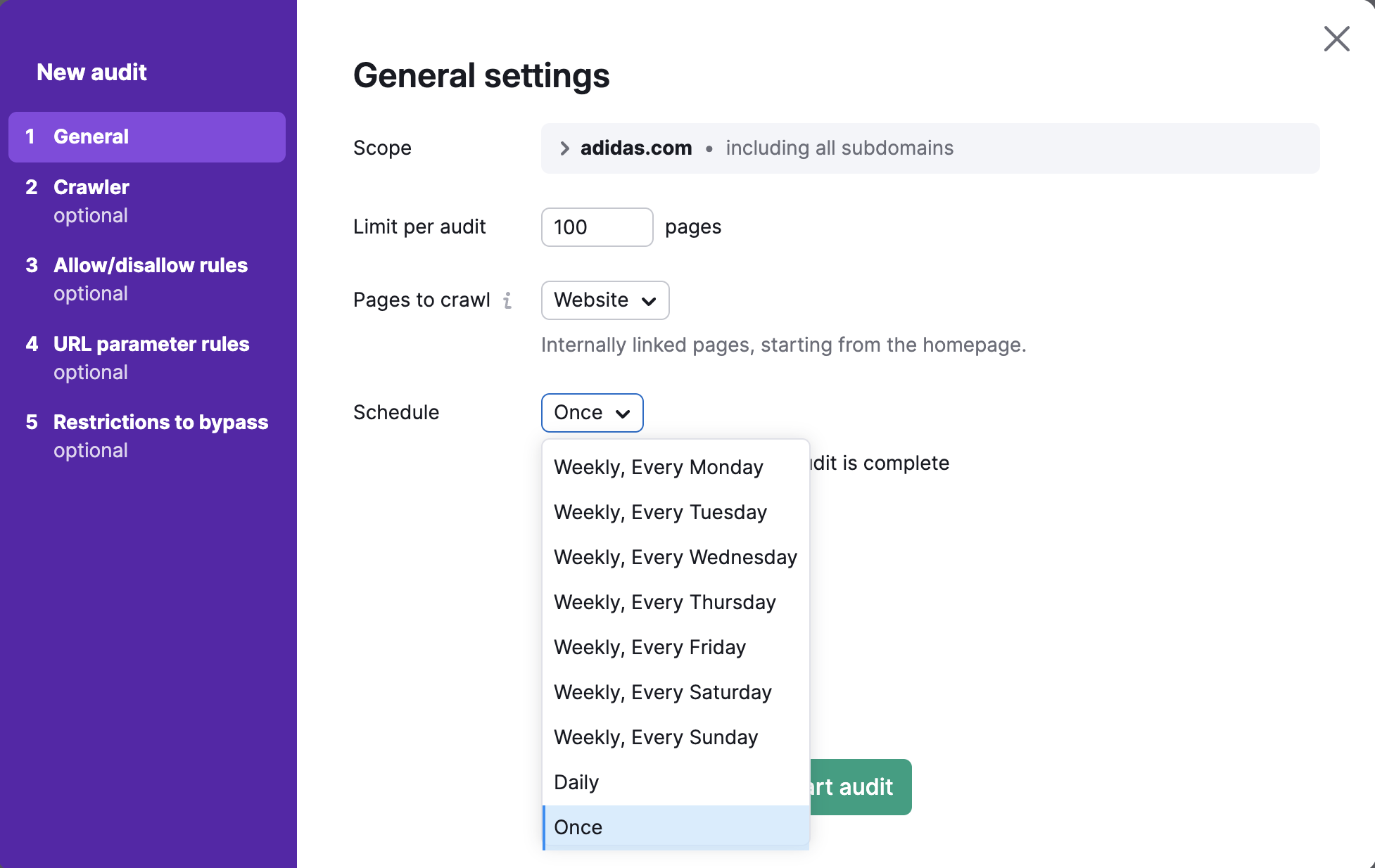 Site Audit schedule settings.