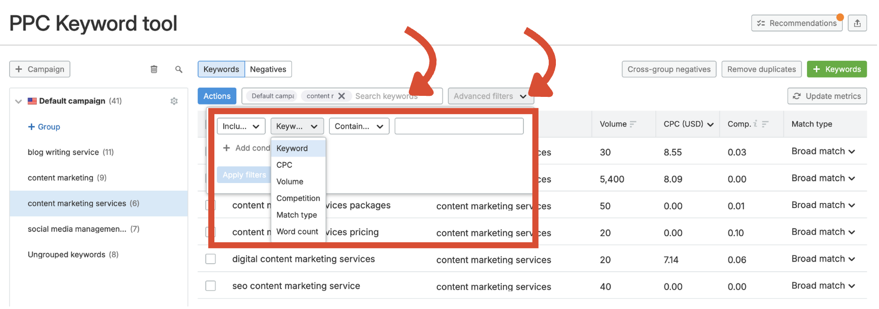 Advanced filters button highlighted. 