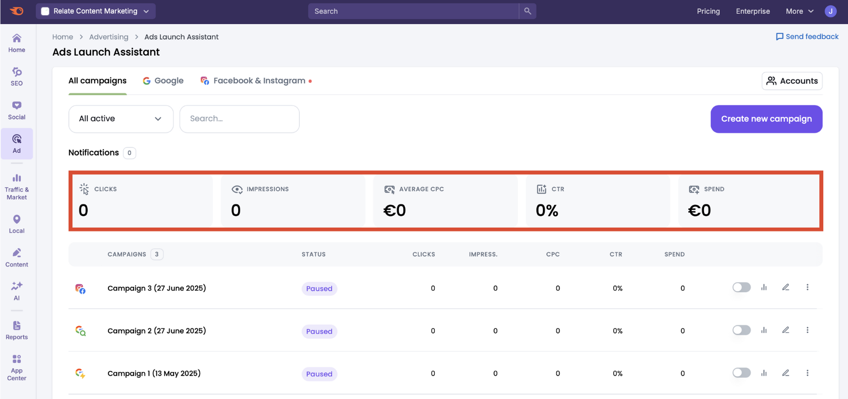 Campaign reporting dashboard overview showing impressions, clicks, CPC, CTR, and spend.