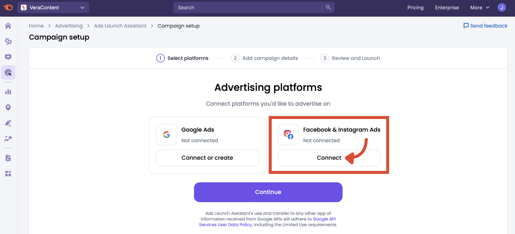 Ad platform connection screen.