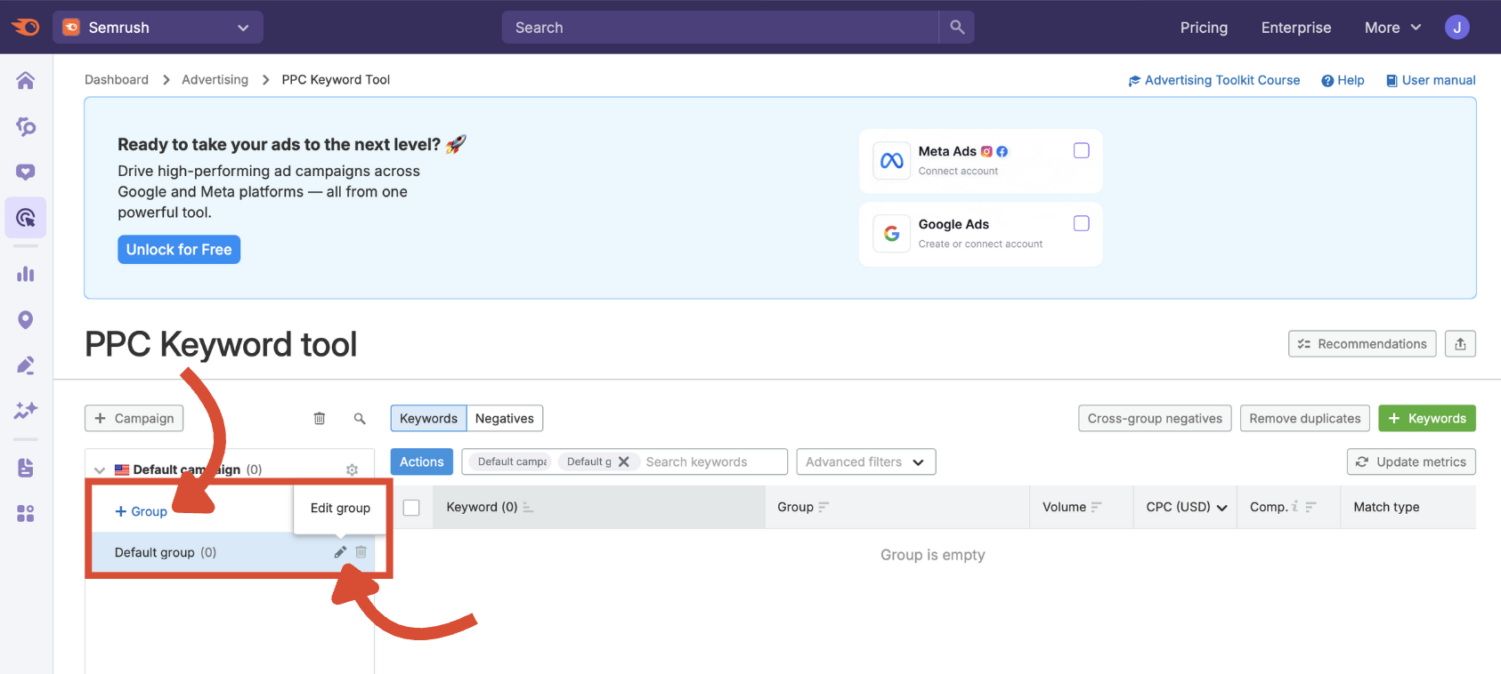 Add group button in the PPC Keyword Tool. 