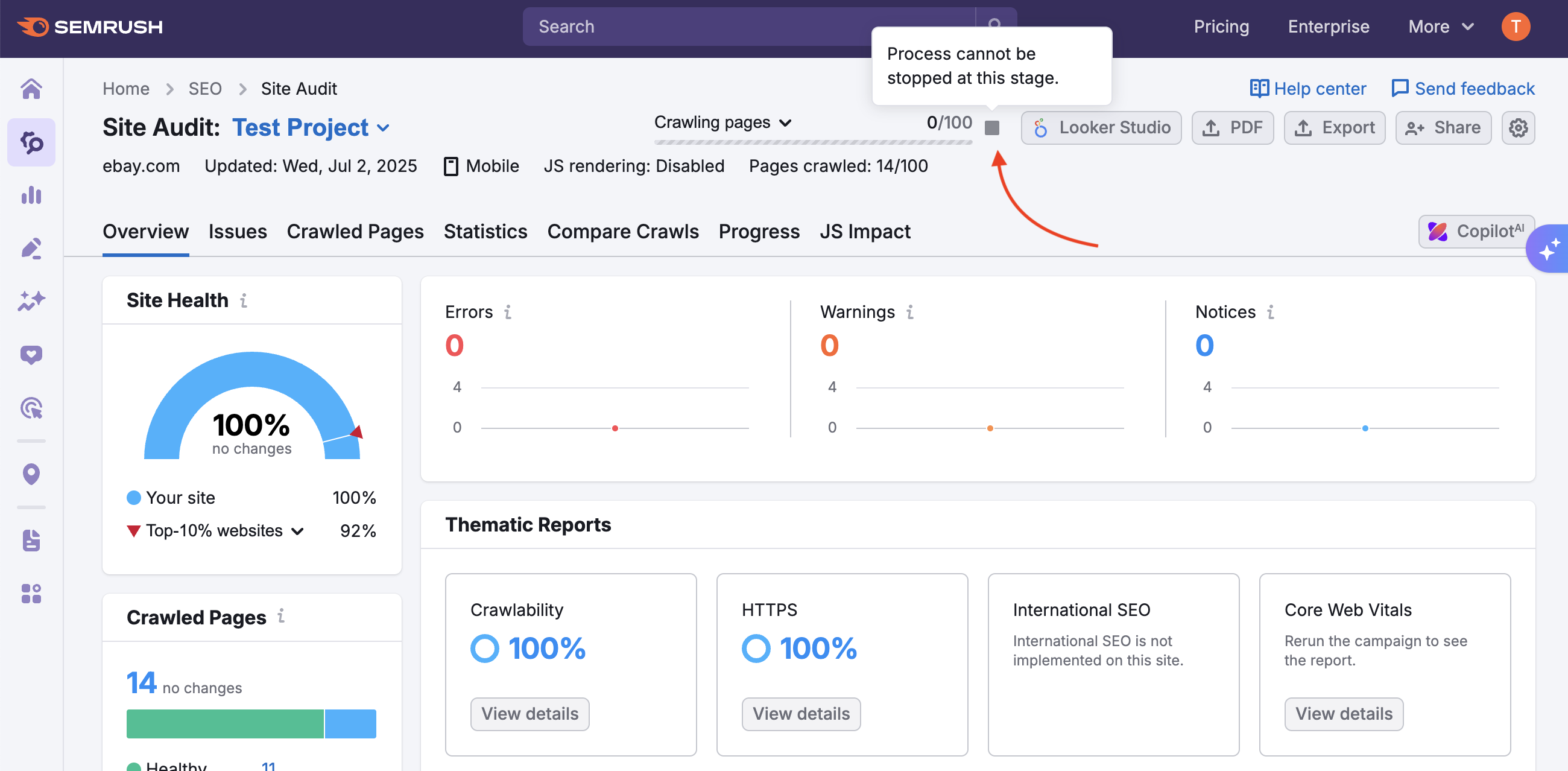 What the restriction on stopping the crawl process looks like.