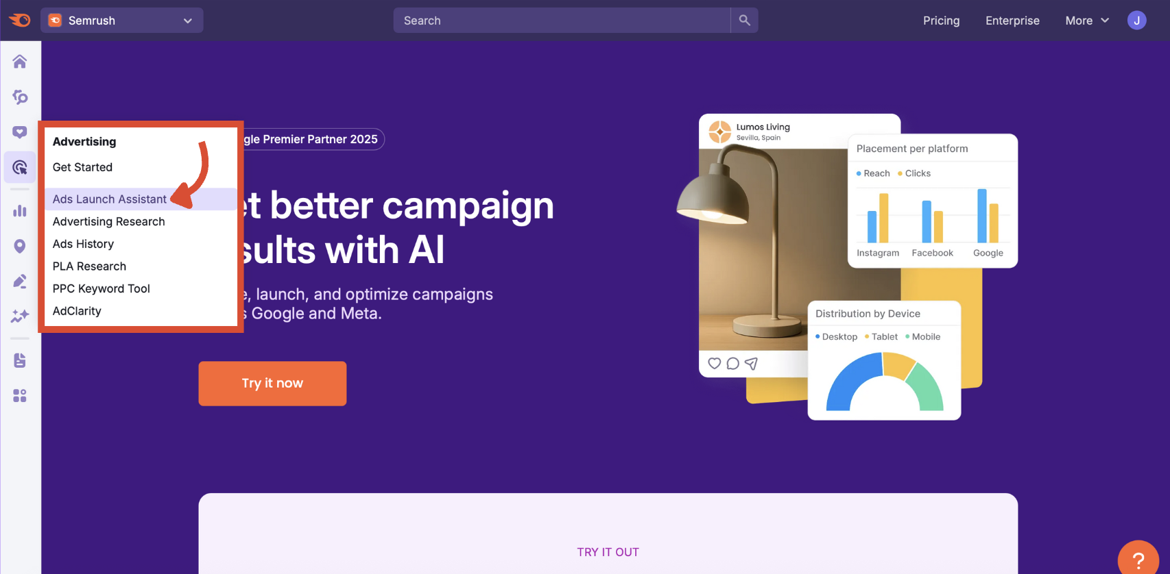 Ads Launch Assistant tool selected from the Semrush Advertising side menu.
