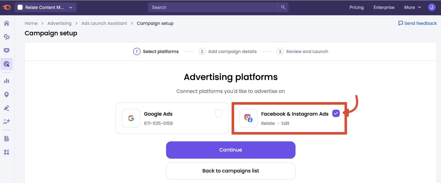 Facebook & Instagram platform option highlighted in the Ads Launch Assistant platform selection menu