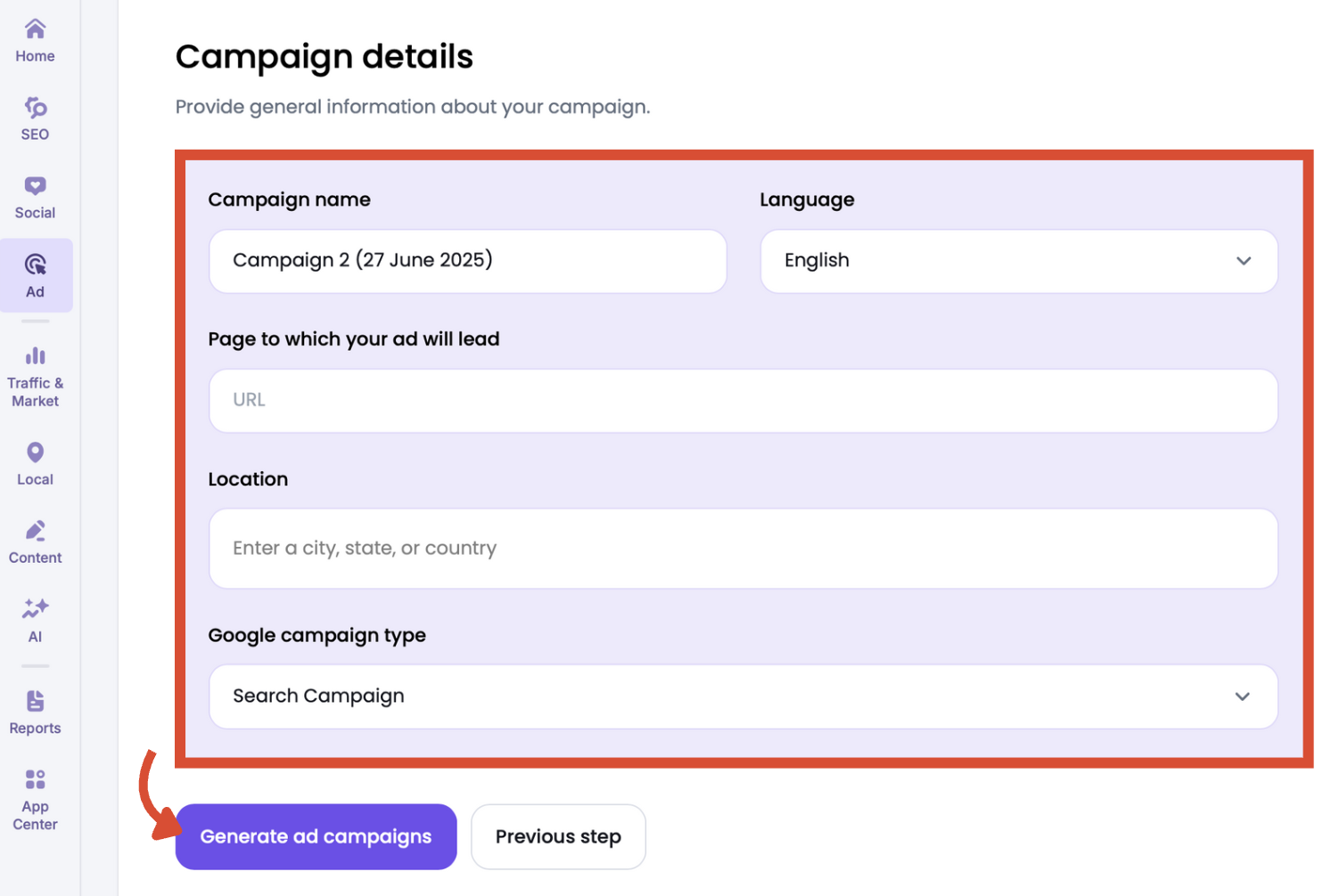 Google campaign details setup screen in Ads Launch Assistant.