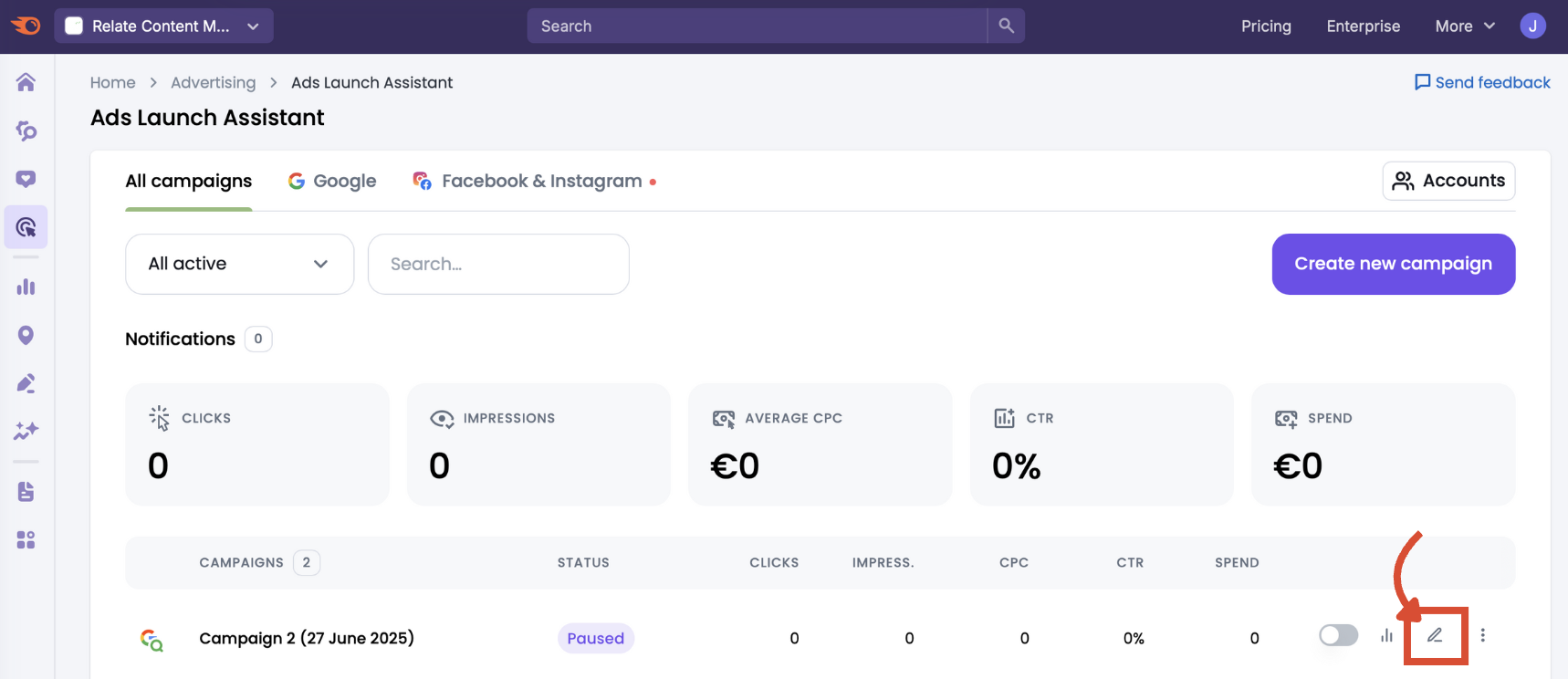 Edit button that shows advanced Google Ads options.