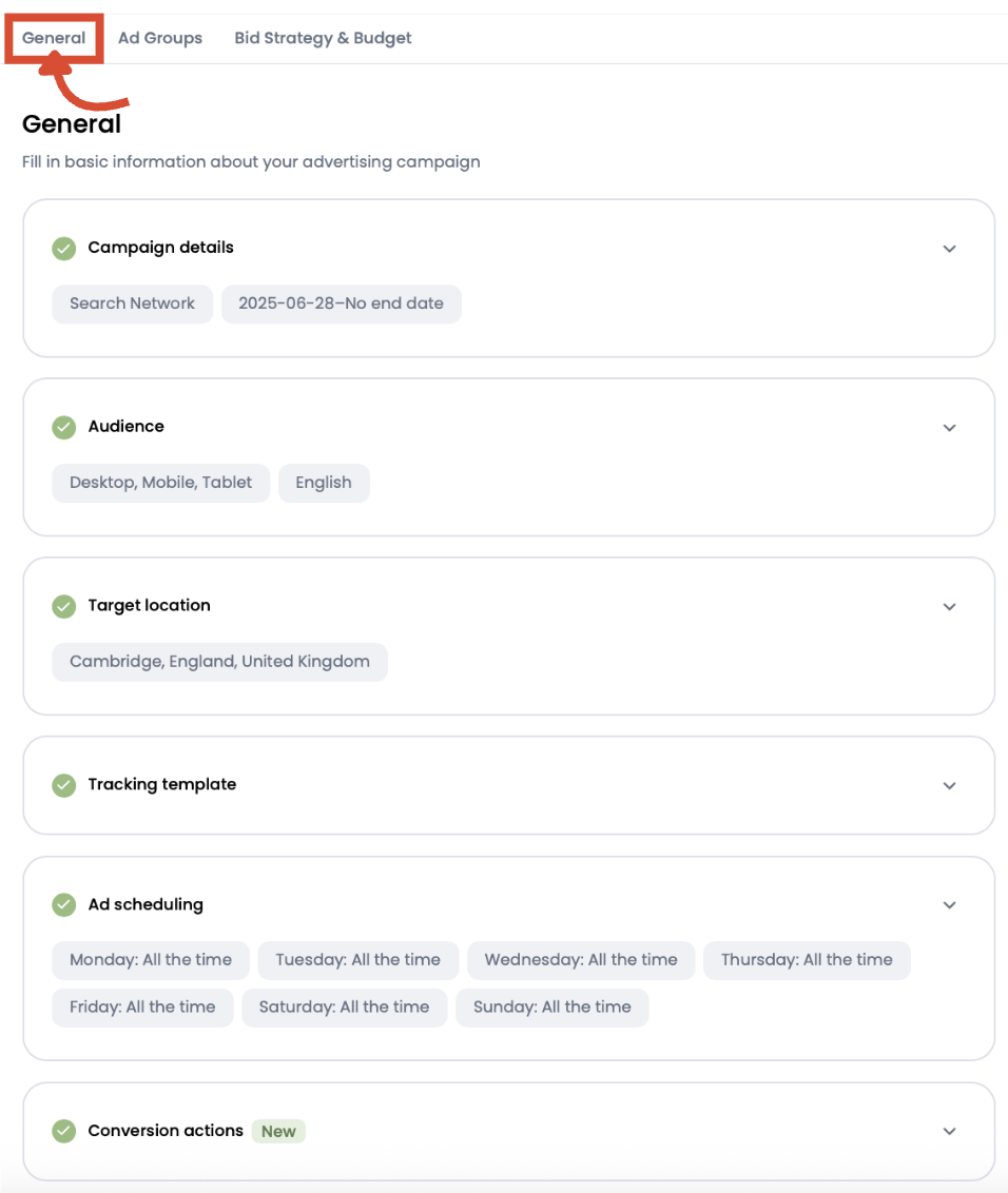 General tab selected in advanced Google Ads campaign settings in Ads Launch Assistant.