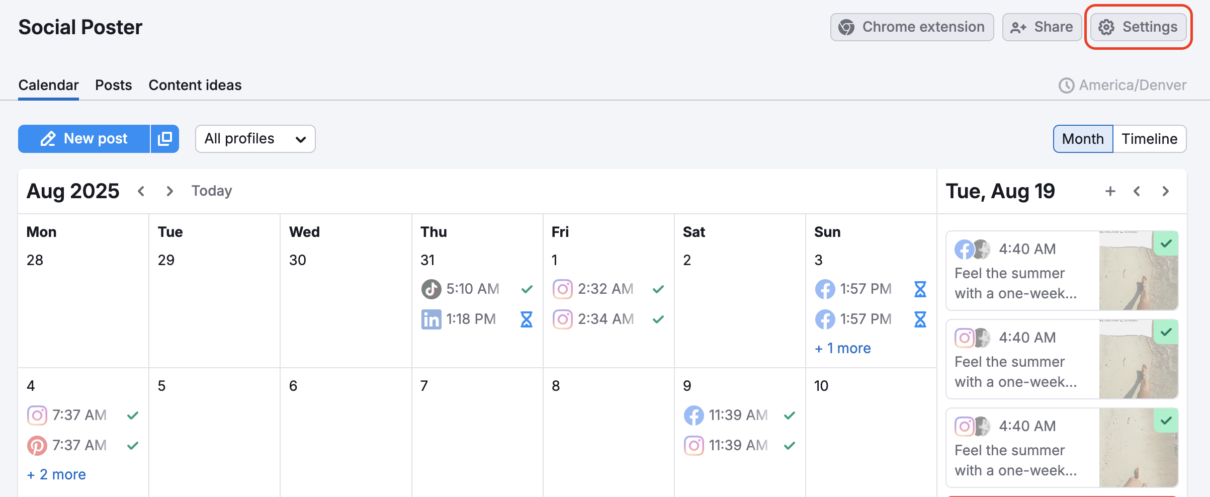 Calendar tab in Social Poster. In the top right corner, the Settings buttons is highlighted.