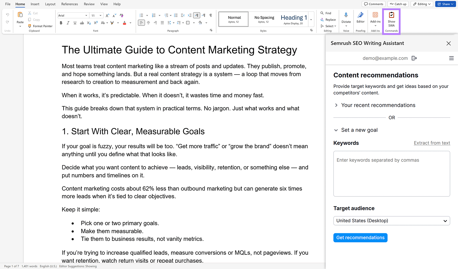 Microsoft Word UI showing blog post in editor, Show SWA option highlighted, and Semrush SEO Writing Assistant tab in the editor.