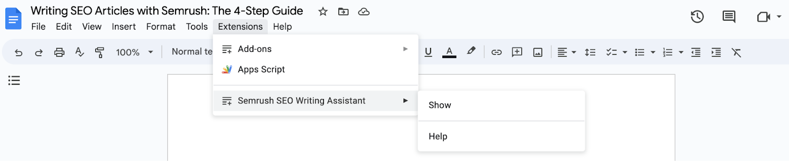Google Docs menu showing “Extensions” with the Semrush SEO Writing Assistant option selected.